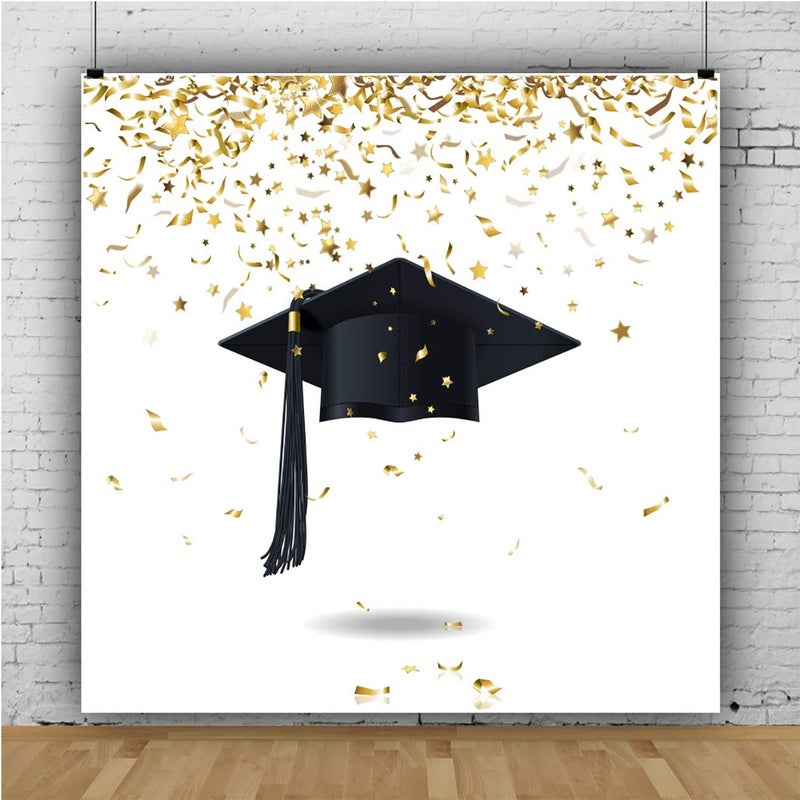 AOFOTO 8x8ft Graduation Backdrop Class of 2025 Senior Year Golden Confetti Black Mortarboard Graduates Trencher Cap Background Graduate Photo Prom Party Decoration Grads Ceremonry Photo Studio Props - Image 2